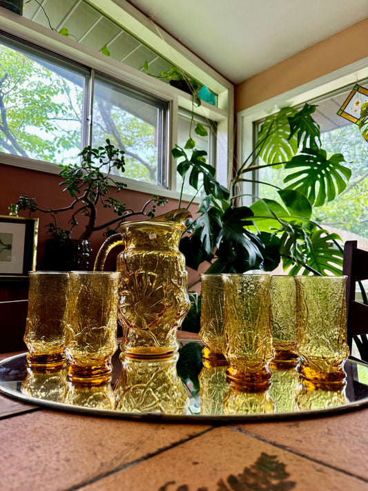 Vintage Amber Anchor Hocking Rain Flower Set
